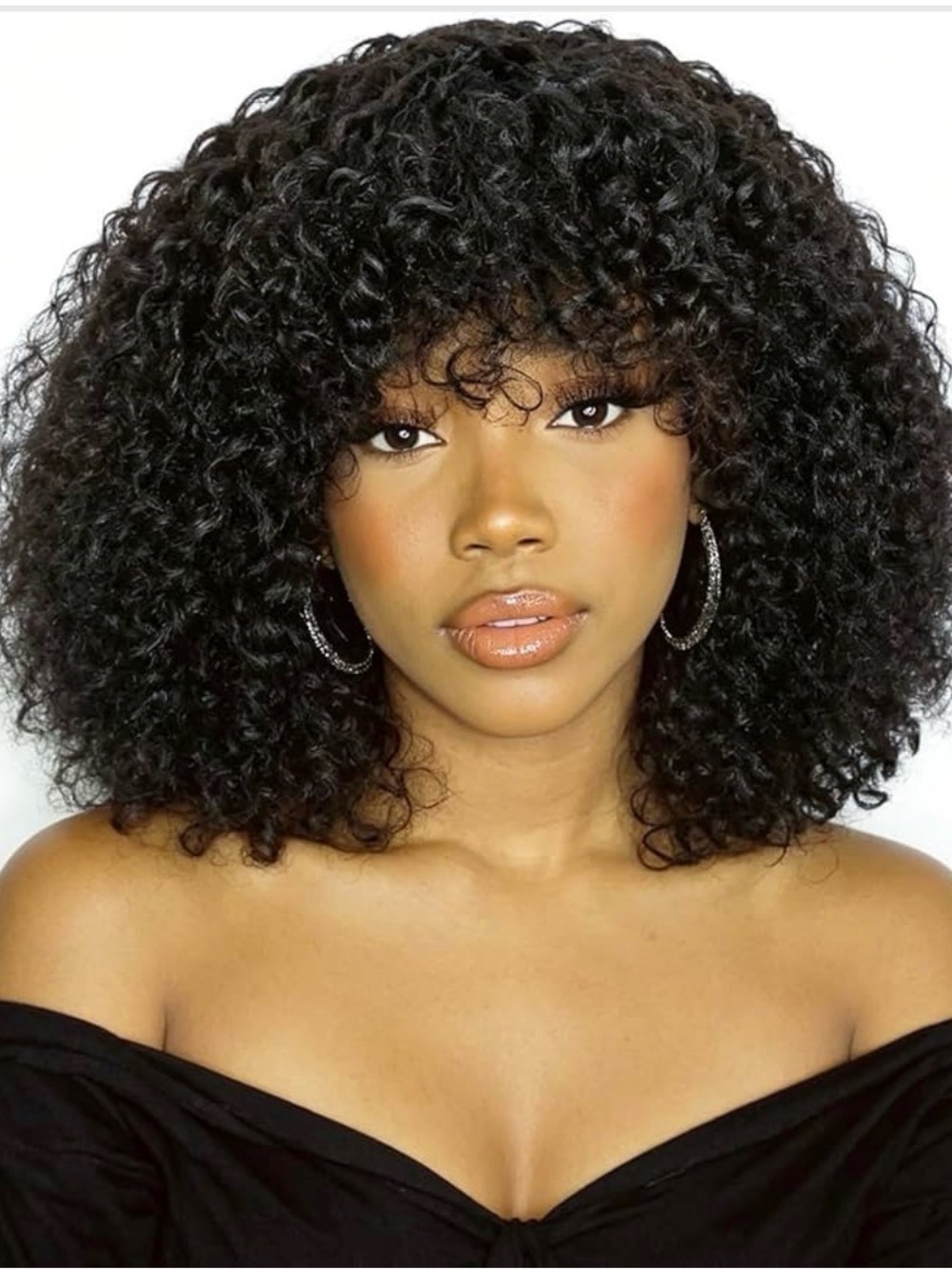 Afro Kinky Curly Wig with Bangs 200% Density - 12 Inch No Lace, Natural Black